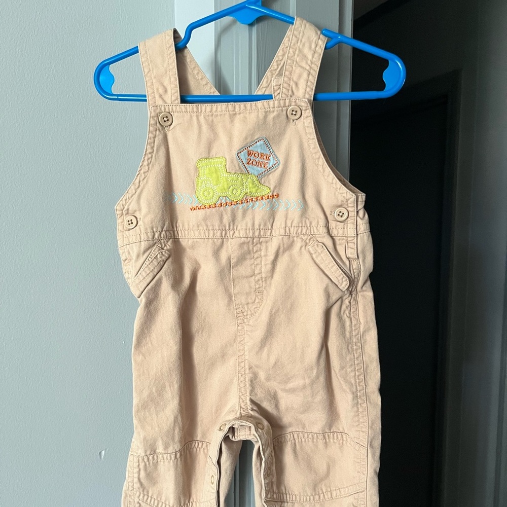 Nursery Rhyme Overalls 6 9 months cotton tan beige work zone boys EUC